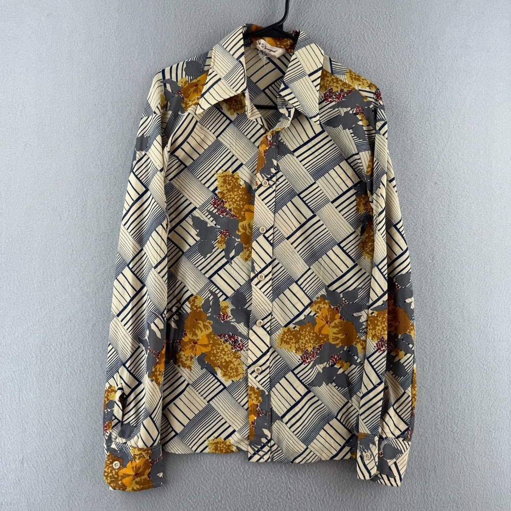 Vintage 70s Donegal Shirt Mens Fits Small Disco Polyester Dagger Collar